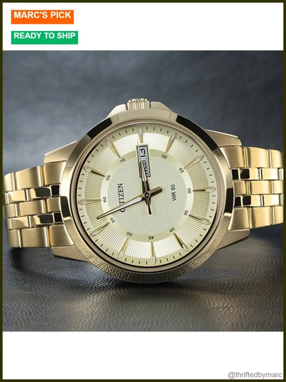 Mens Stainless Steel Gold-Tone Bracelet Watch with Day/Date